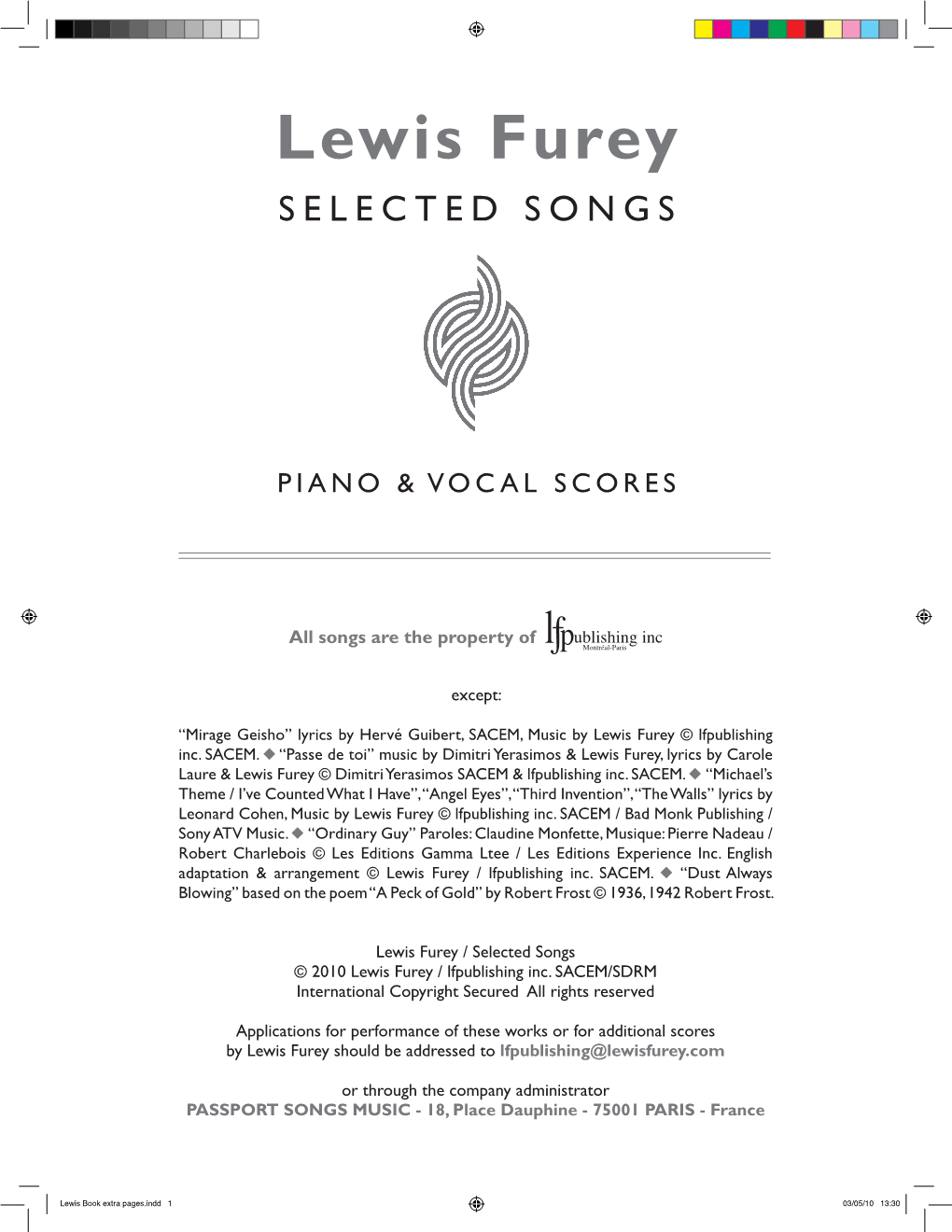 Lewis Furey Selecyed Songs Book