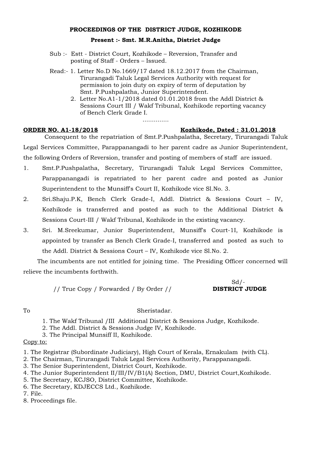 PROCEEDINGS of the DISTRICT JUDGE, KOZHIKODE Present :- Smt