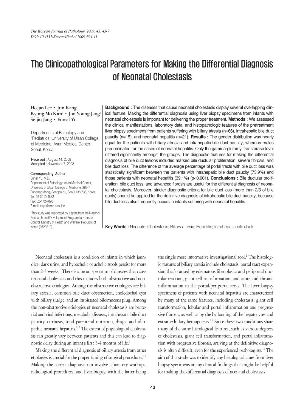 The Clinicopathological Parameters for Making the Differential Diagnosis of Neonatal Cholestasis