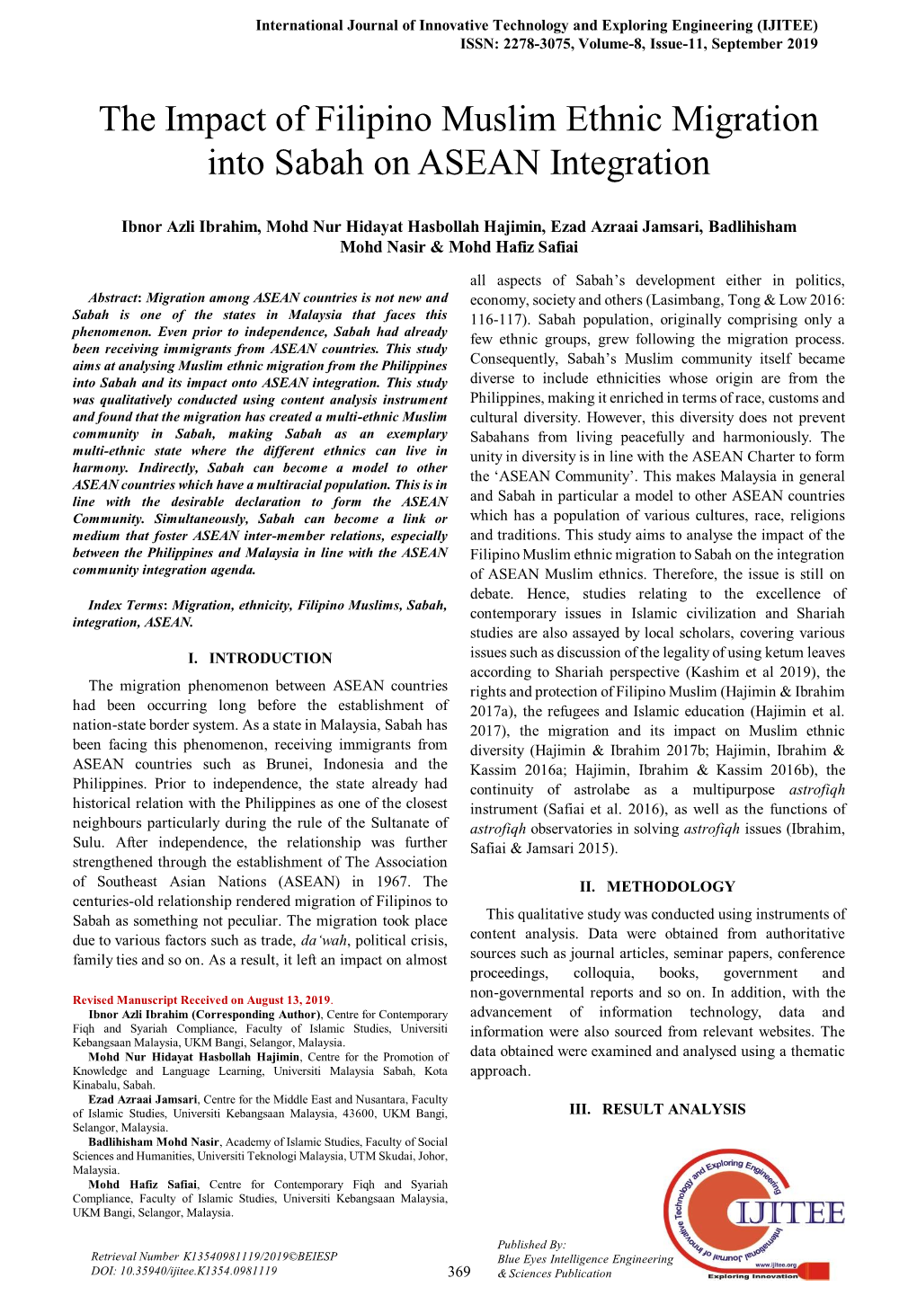 The Impact of Filipino Muslim Ethnic Migration Into Sabah on ASEAN Integration