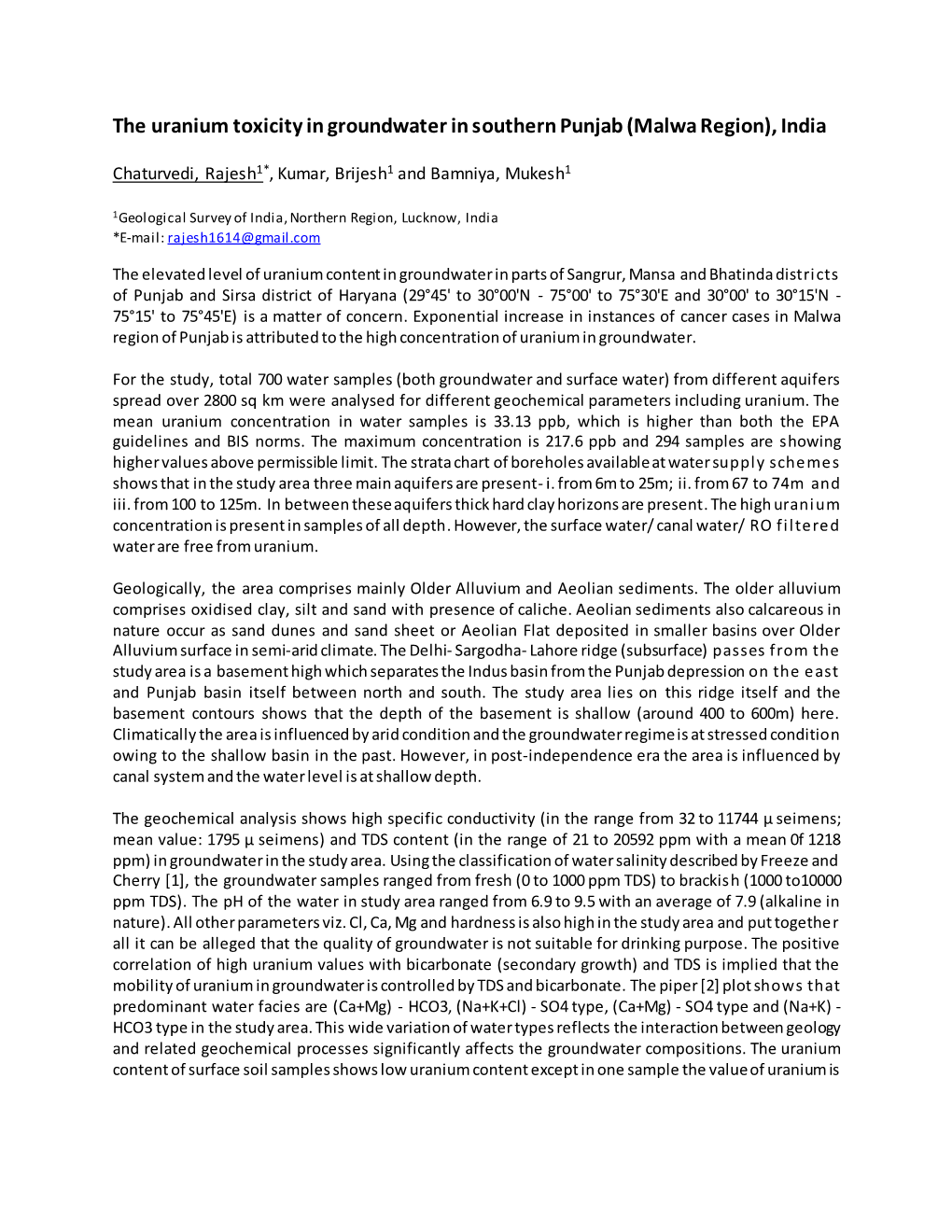 The Uranium Toxicity in Groundwater in Southern Punjab (Malwa Region), India