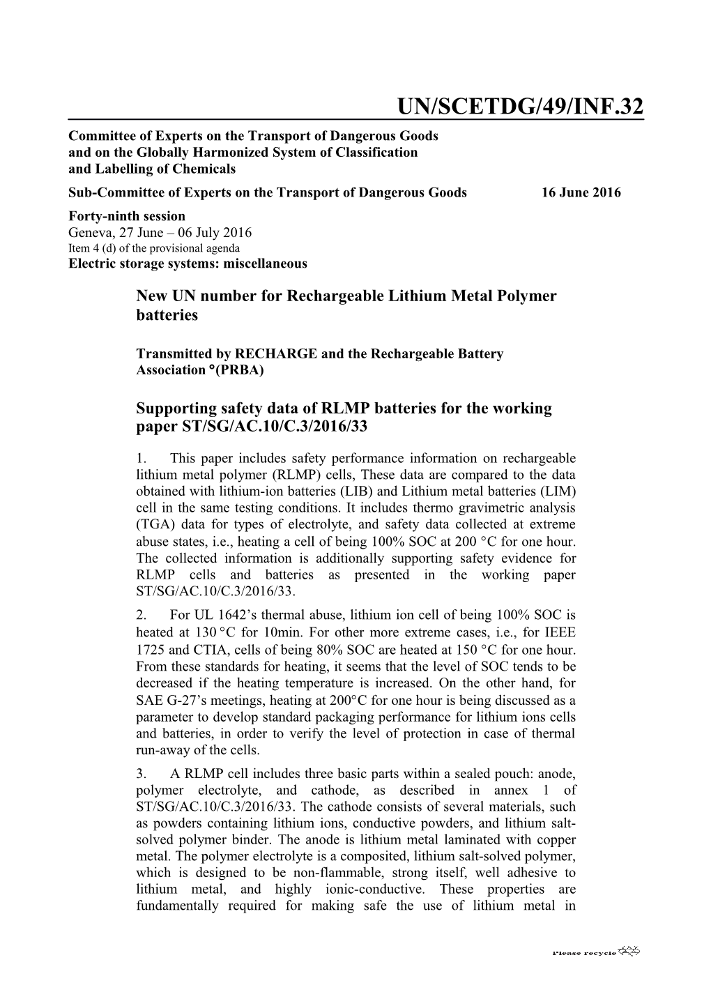 New UN Number for Rechargeable Lithium Metal Polymer Batteries