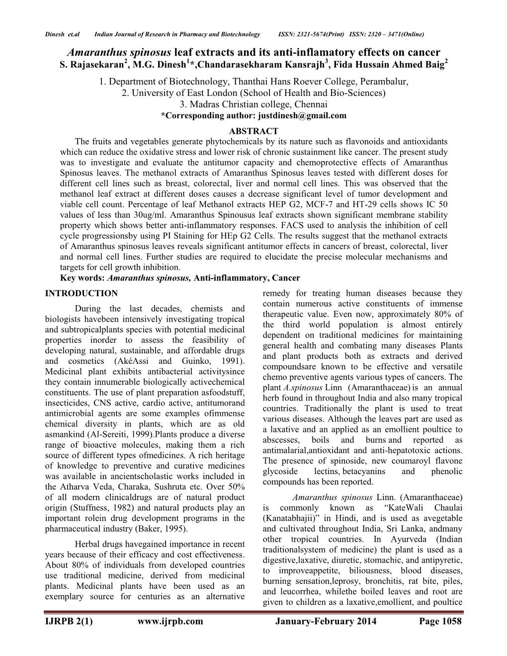 Amaranthus Spinosus Leaf Extracts and Its Anti-Inflamatory Effects on Cancer S