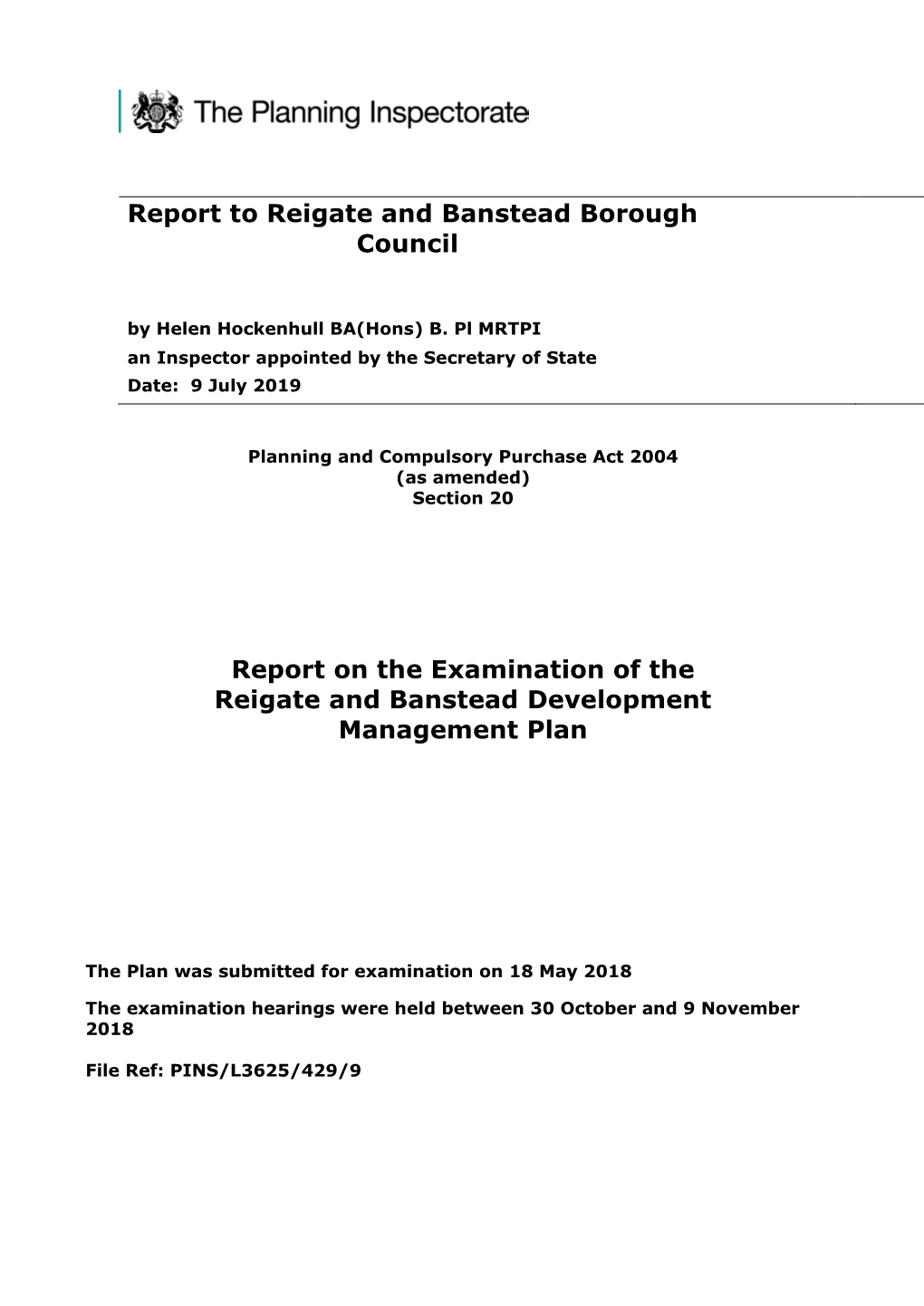 Reigate & Banstead Borough Council Inspector's Report 2019