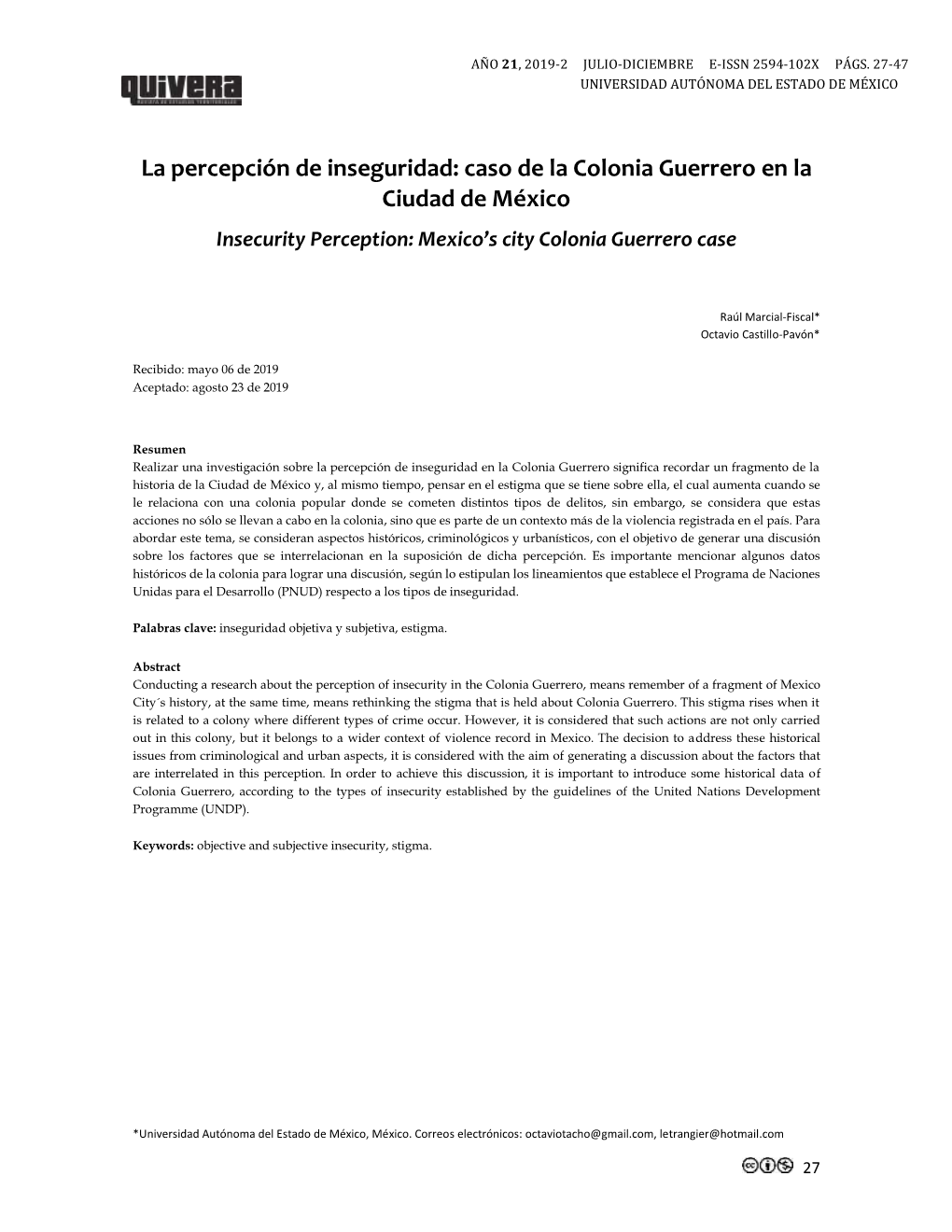 Caso De La Colonia Guerrero En La Ciudad De México Insecurity Perception: Mexico’S City Colonia Guerrero Case