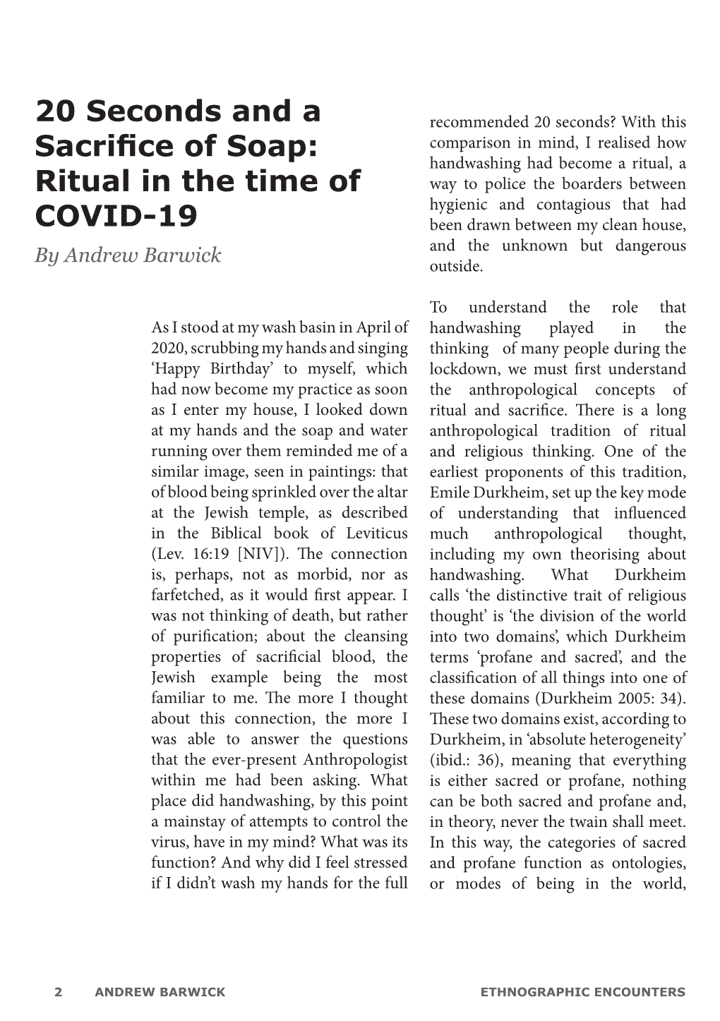 20 Seconds and a Sacrifice of Soap: Ritual in the Time of COVID-19
