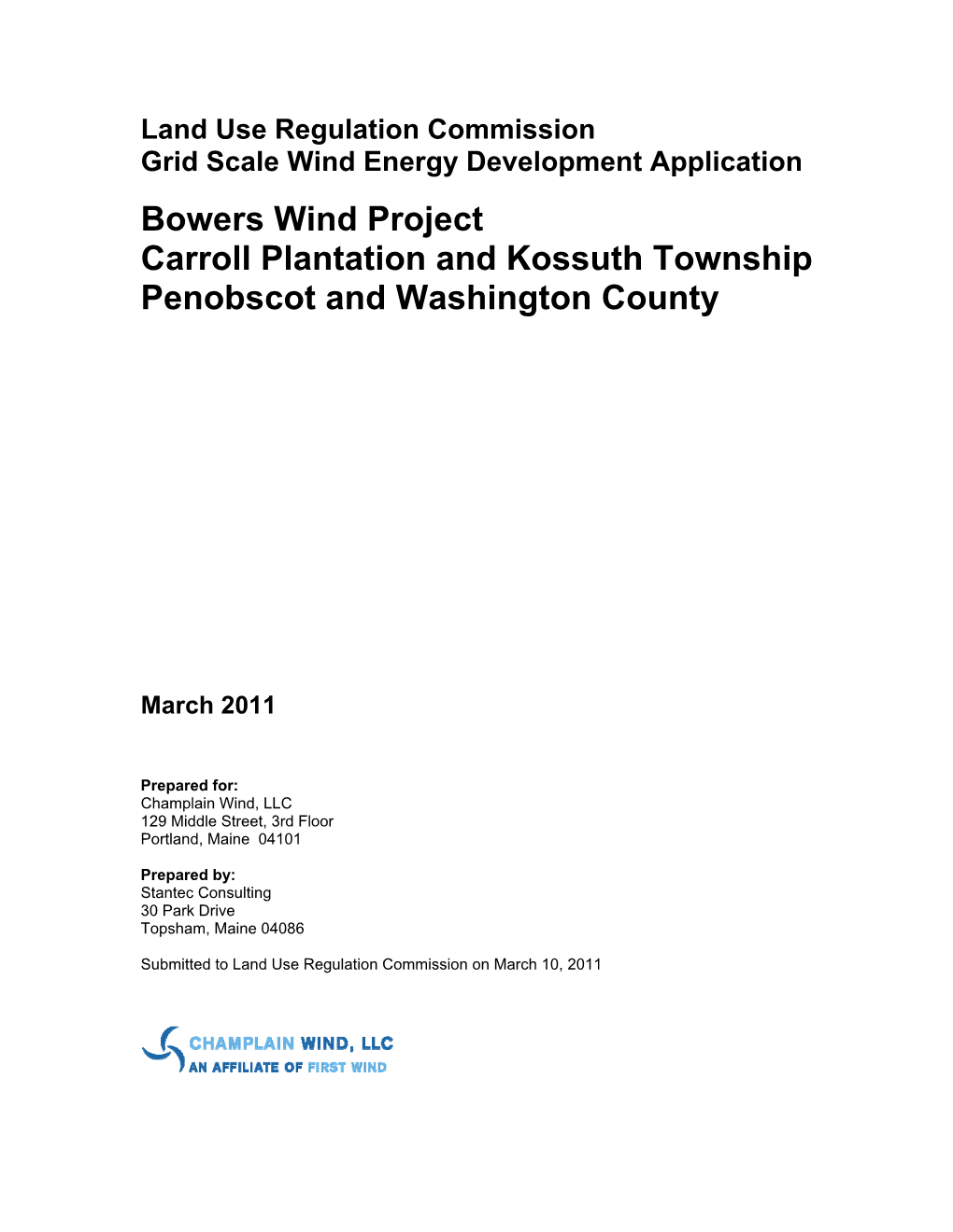 Bowers Wind Project Carroll Plantation and Kossuth Township Penobscot and Washington County