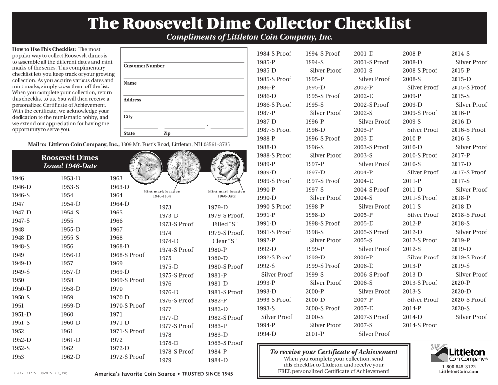 The Roosevelt Dime Collector Checklist Compliments of Littleton Coin Company, Inc