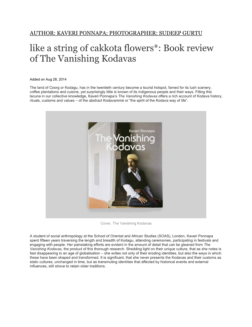 Like a String of Cakkota Flowers*: Book Review of the Vanishing Kodavas