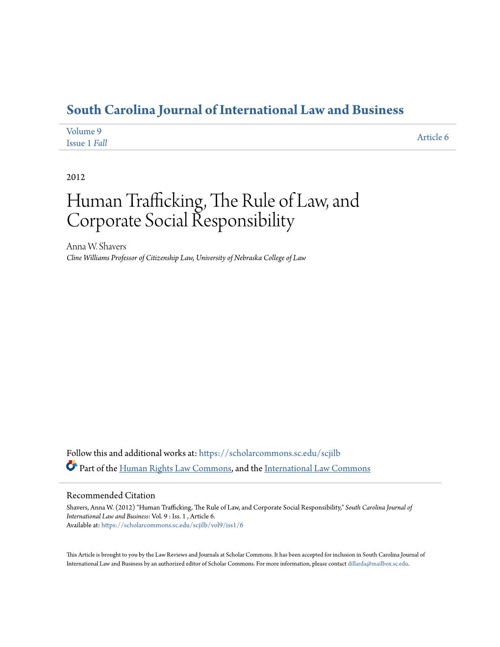 Human Trafficking, the Rule of Law, and Corporate Social Responsibility Anna W