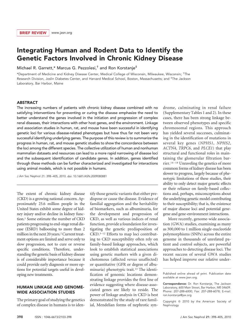 Integrating Human and Rodent Data to Identify the Genetic Factors Involved in Chronic Kidney Disease