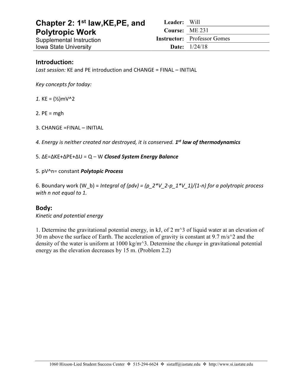 Chapter 2: 1St Law,KE,PE, and Polytropic Work