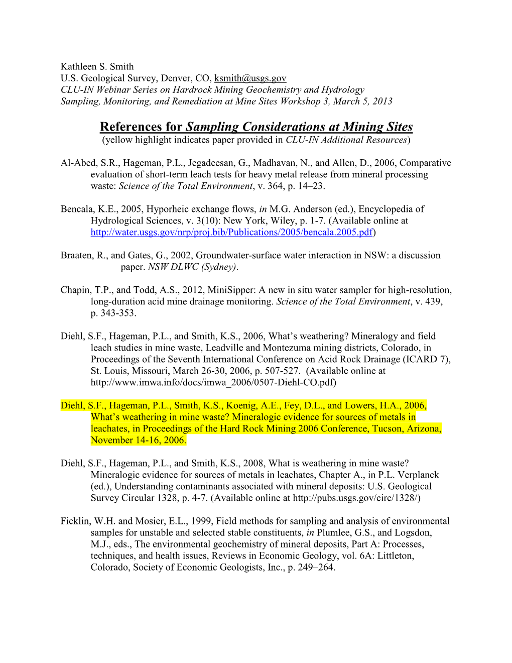 References for Sampling Considerations at Mining Sites (Yellow Highlight Indicates Paper Provided in CLU-IN Additional Resources)