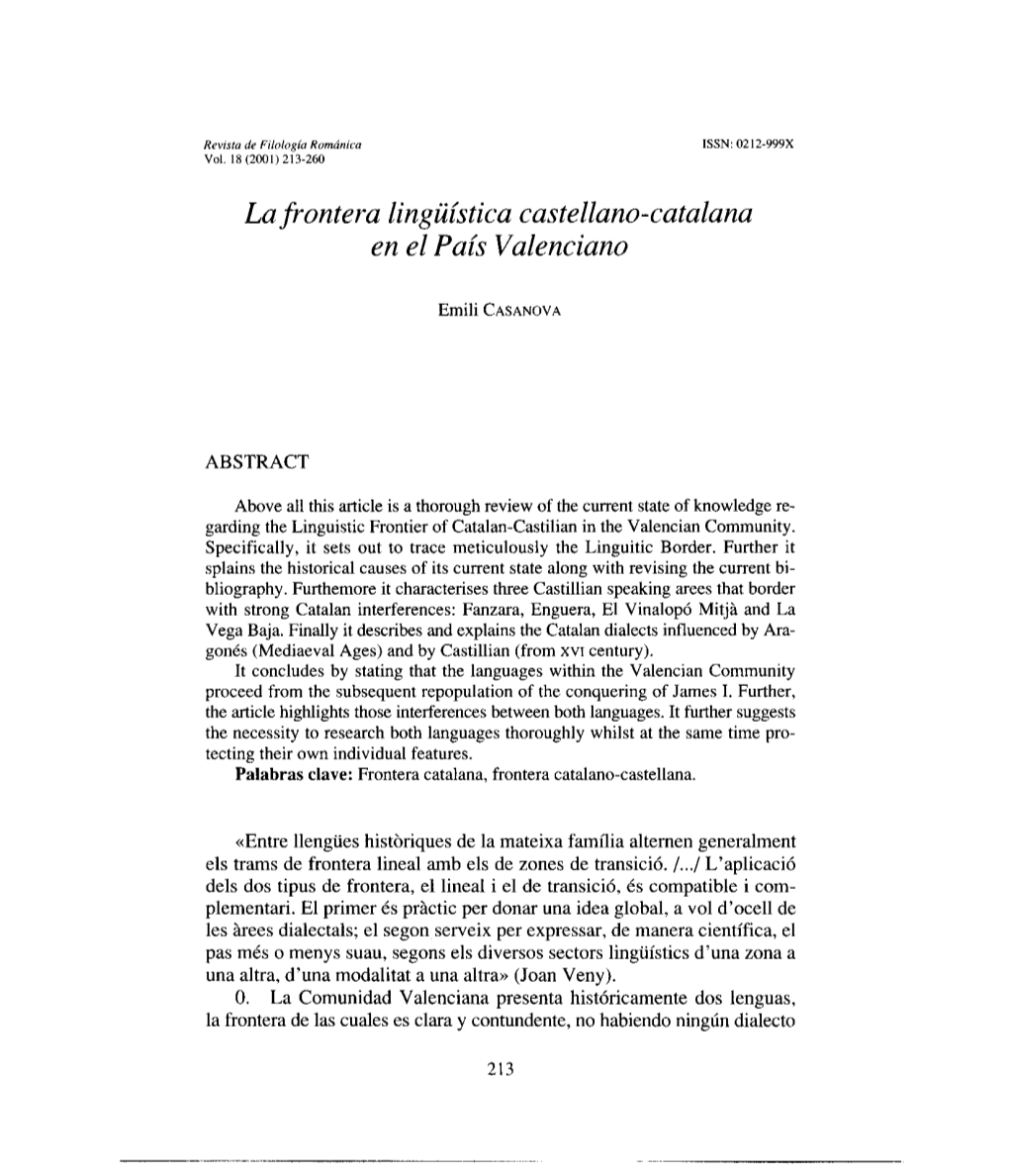 Lafrontera Lingílística Castellano-Catalana En El País Valenciano