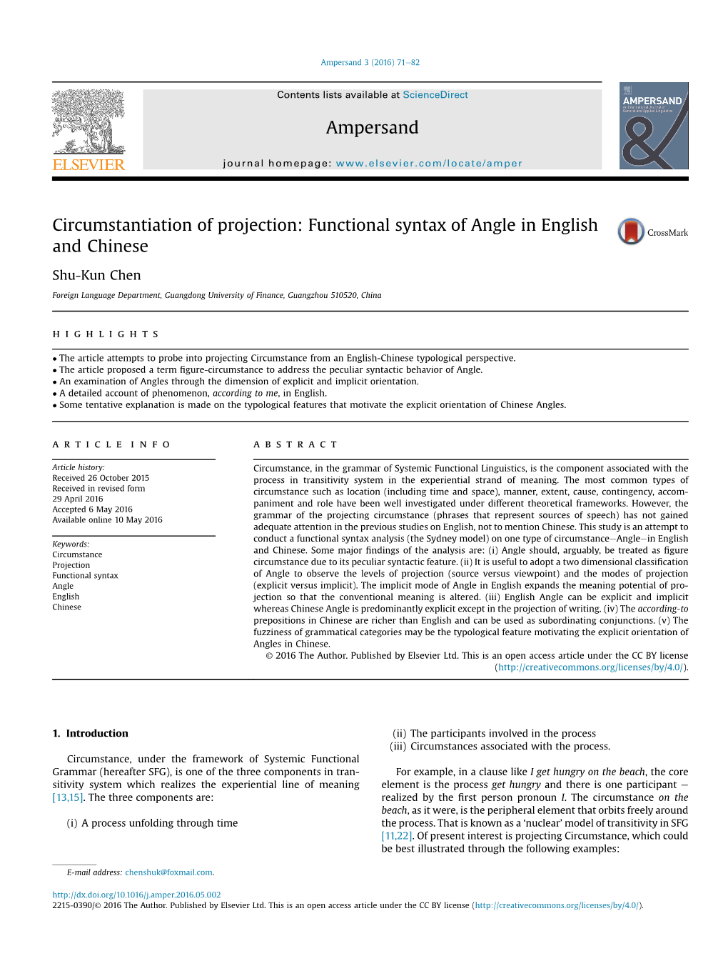 Circumstantiation of Projection: Functional Syntax of Angle in English and Chinese