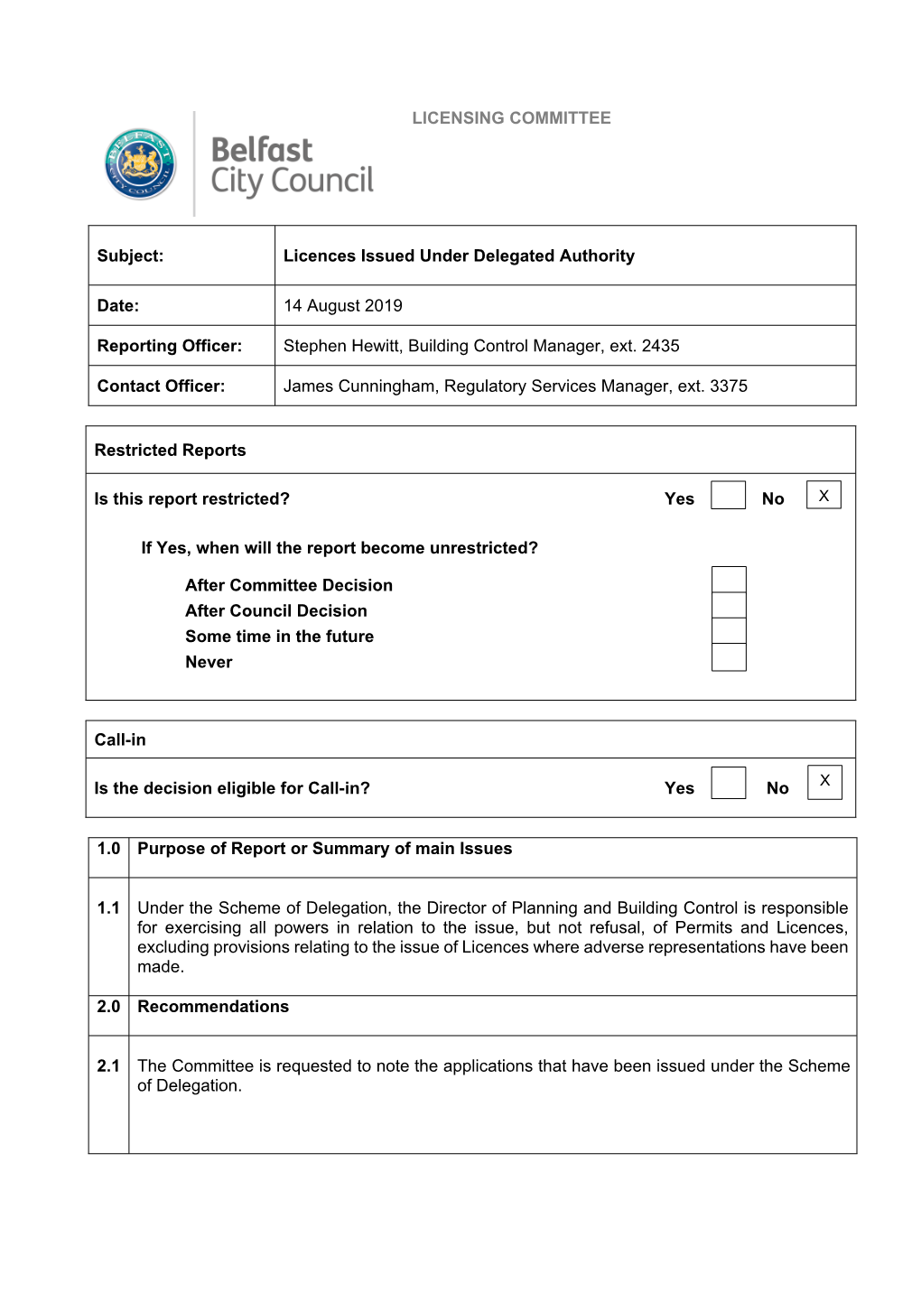 Licences Issued Under Delegated Authority Date