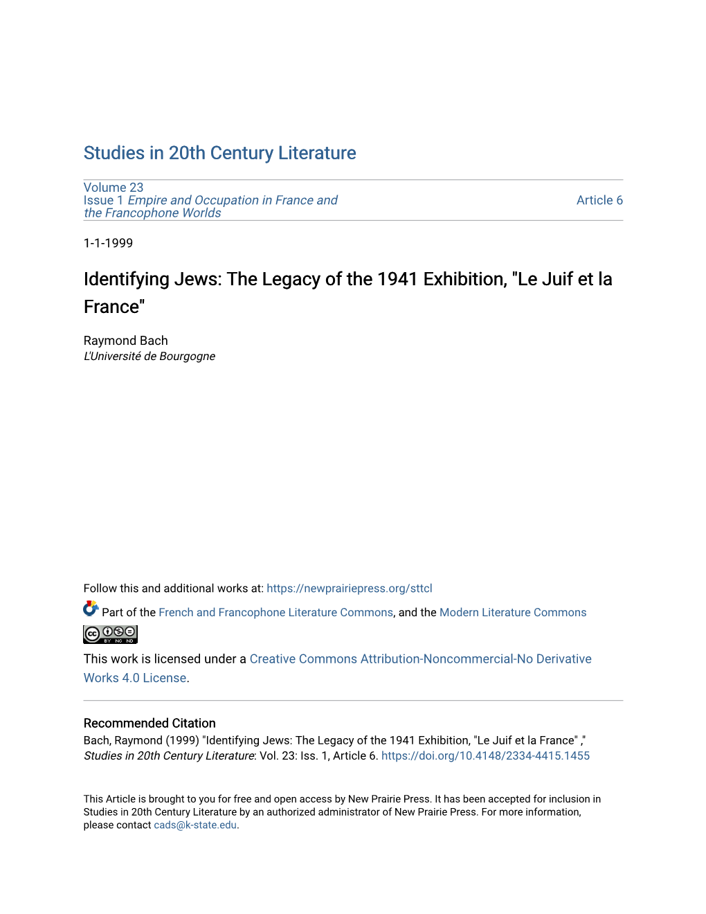 Identifying Jews: the Legacy of the 1941 Exhibition, "Le Juif Et La France"