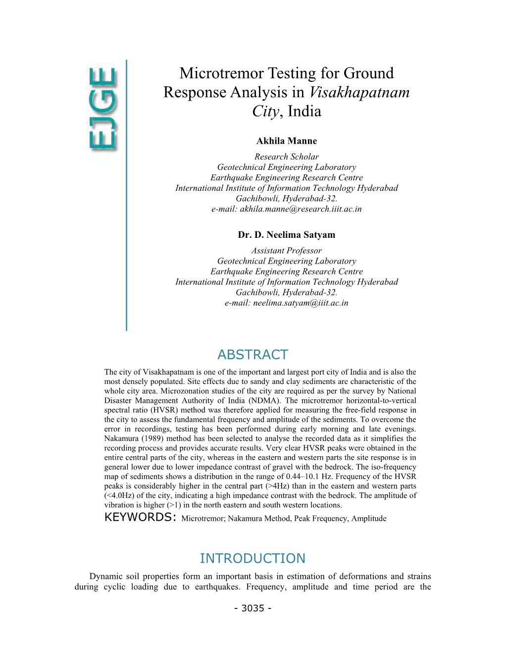 Microtremor Testing for Ground Response Analysis in Visakhapatnam City, India