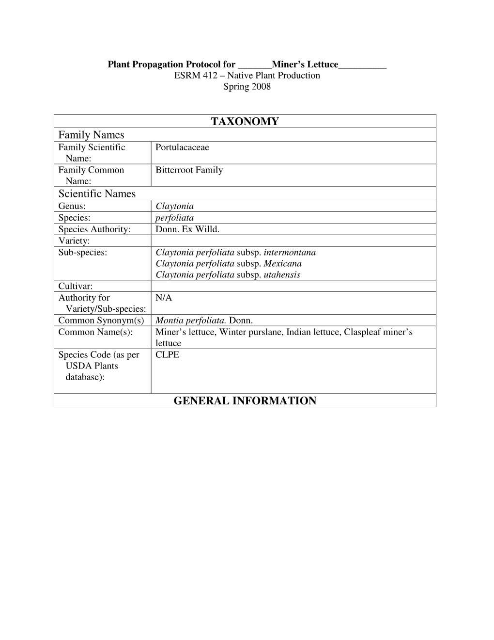 TAXONOMY Family Names Scientific Names GENERAL INFORMATION