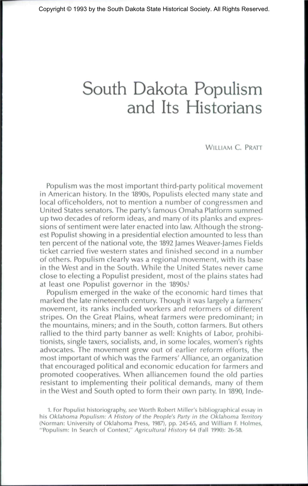 South Dakota Populism and Its Historians