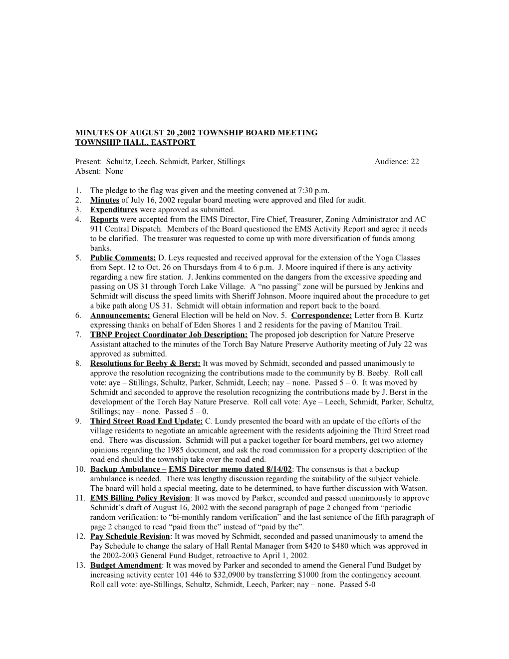 Minutes of August 20 ,2002 Township Board Meeting