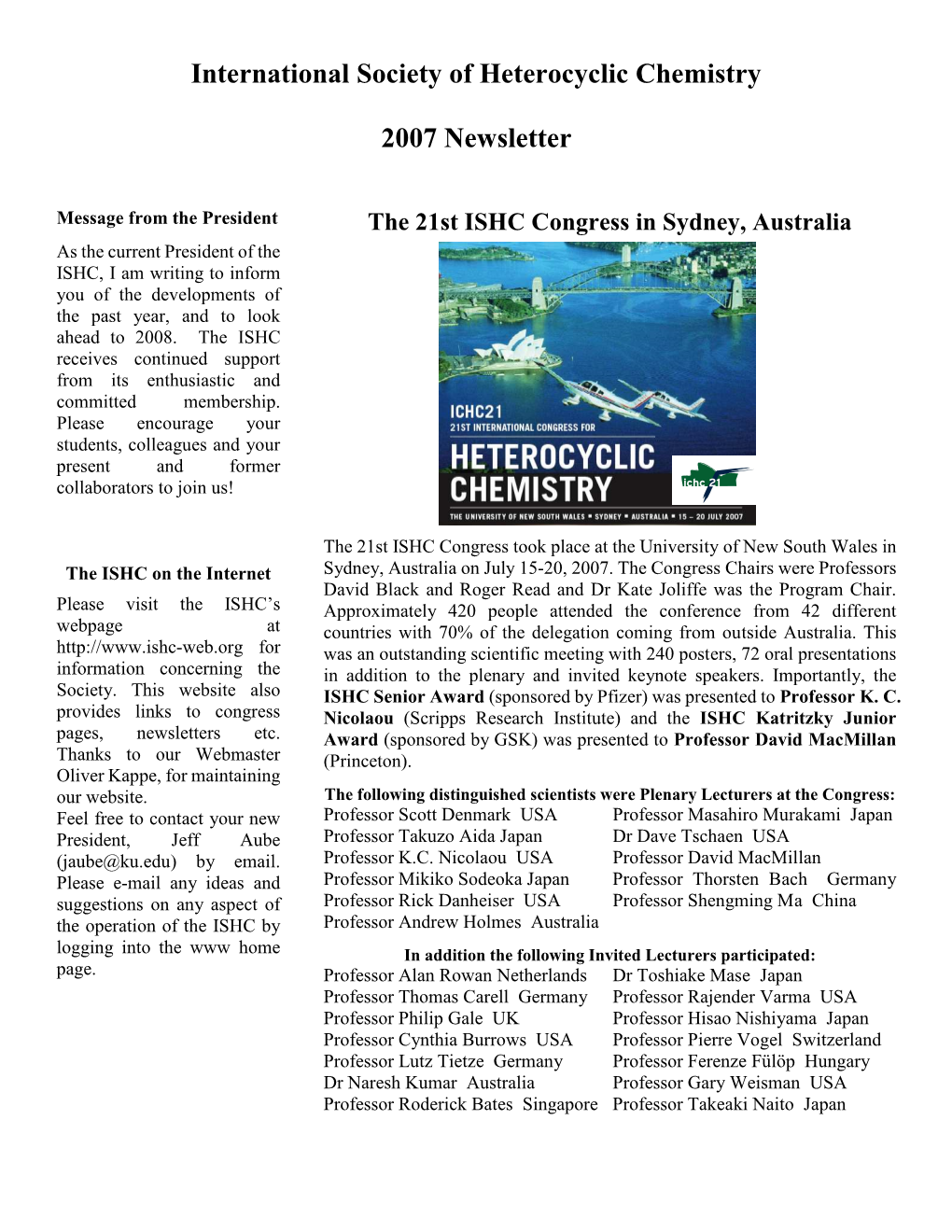 International Society of Heterocyclic Chemistry 2007 Newsletter
