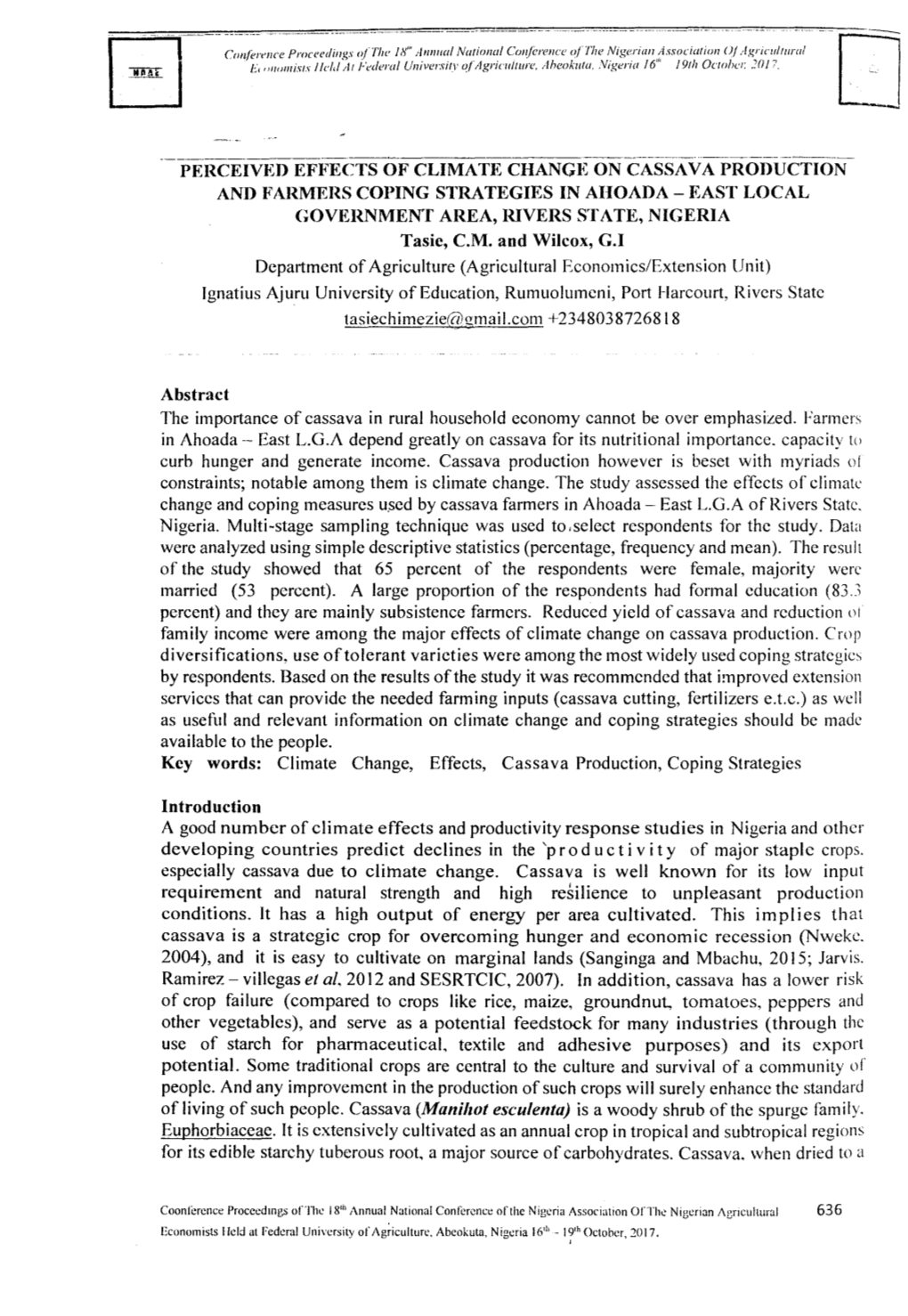 PERCEIVED Efl&lt;'ECTS of CLIMATE CHANGE on CASSA VA