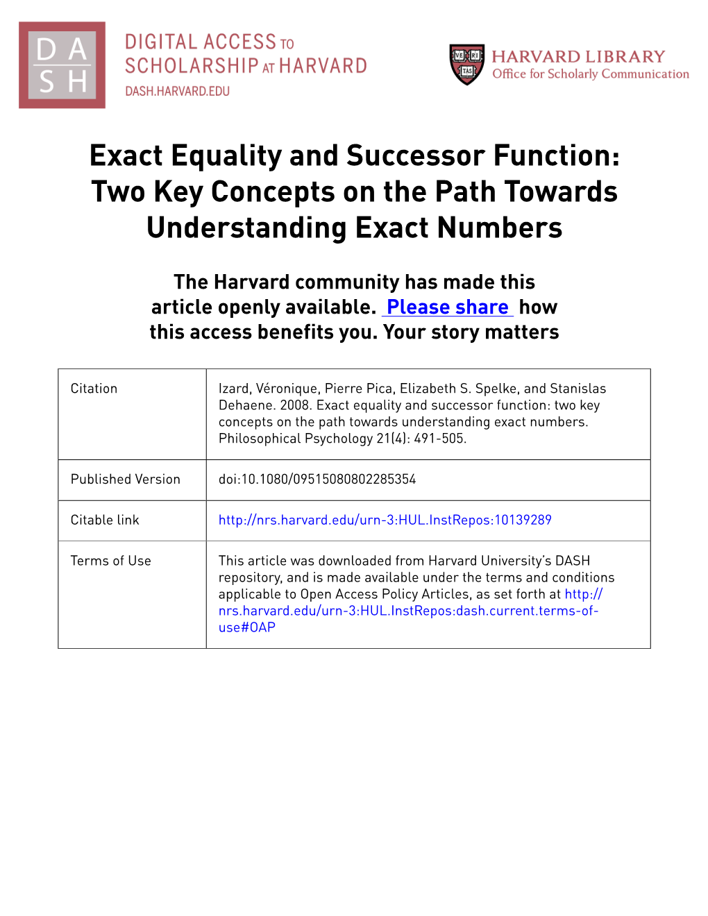 Exact Equality and Successor Function: Two Key Concepts on the Path Towards Understanding Exact Numbers