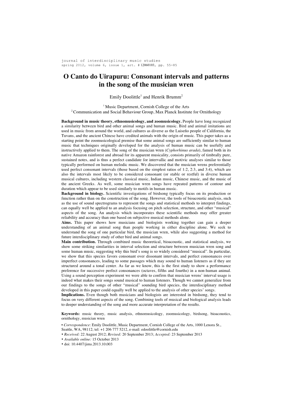 Consonant Intervals and Patterns in the Song of the Musician Wren