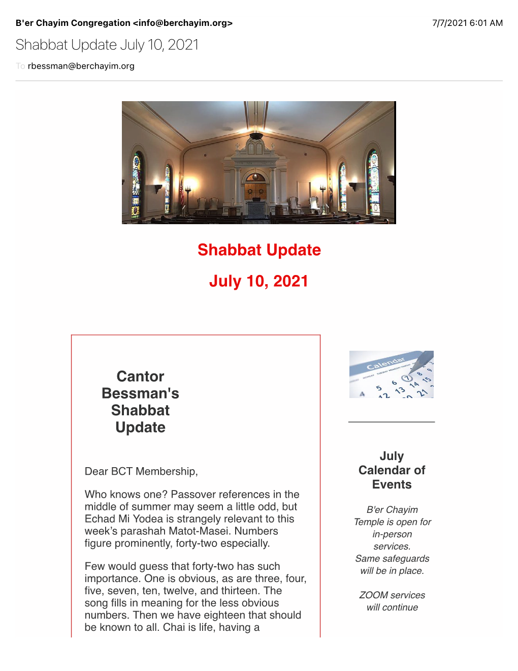 Shabbat Update July 10, 2021