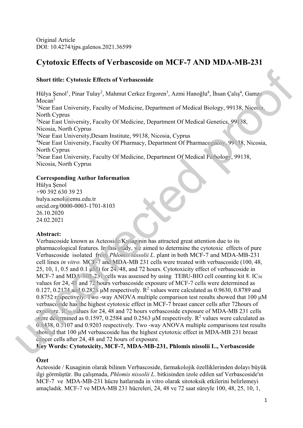 Cytotoxic Effects of Verbascoside on MCF-7 and MDA-MB-231