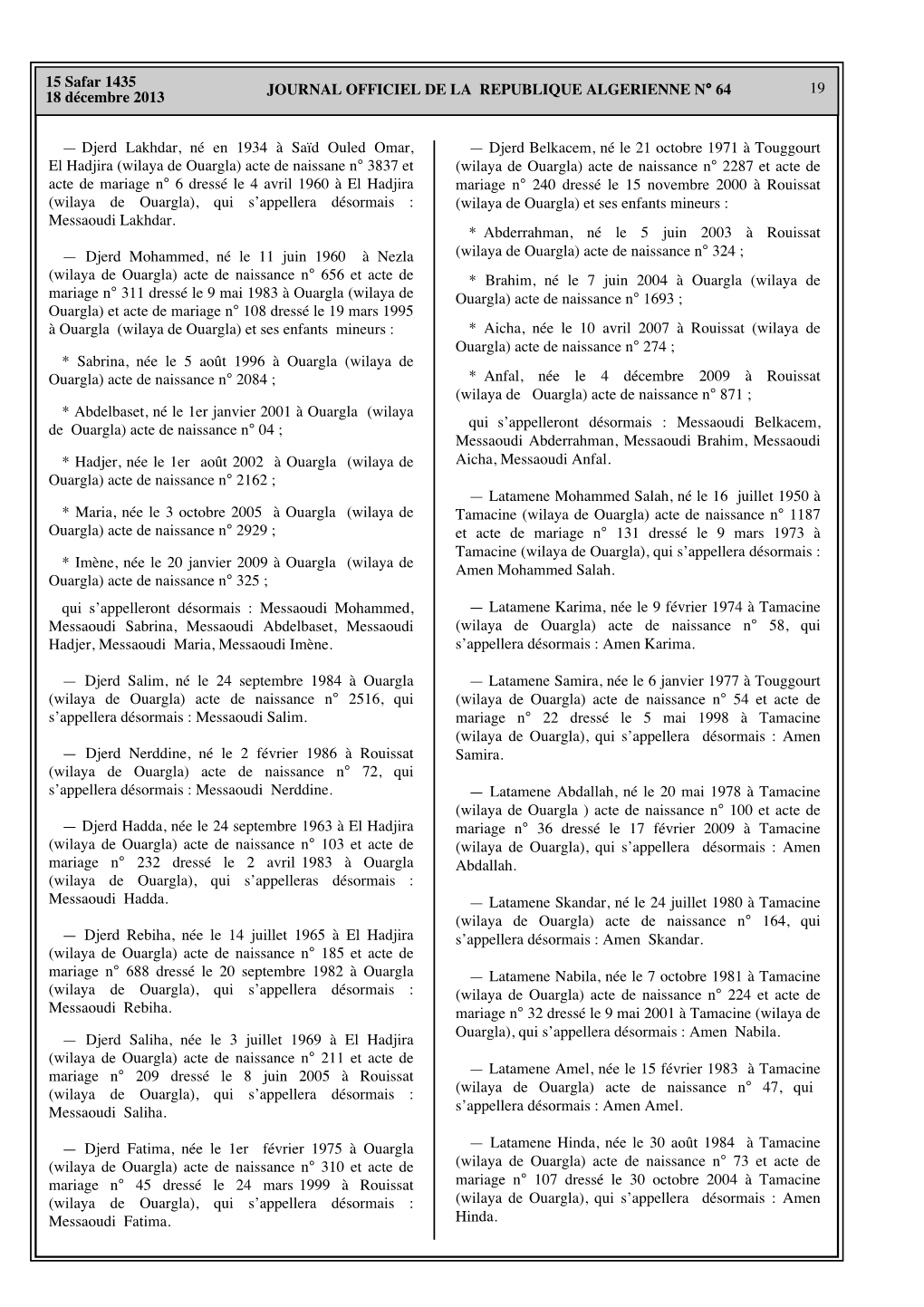 19 JOURNAL OFFICIEL DE LA REPUBLIQUE ALGERIENNE NA 64 15 Safar 1435 18 Décembre 2013 — Djerd Lakhdar, Né En 1934