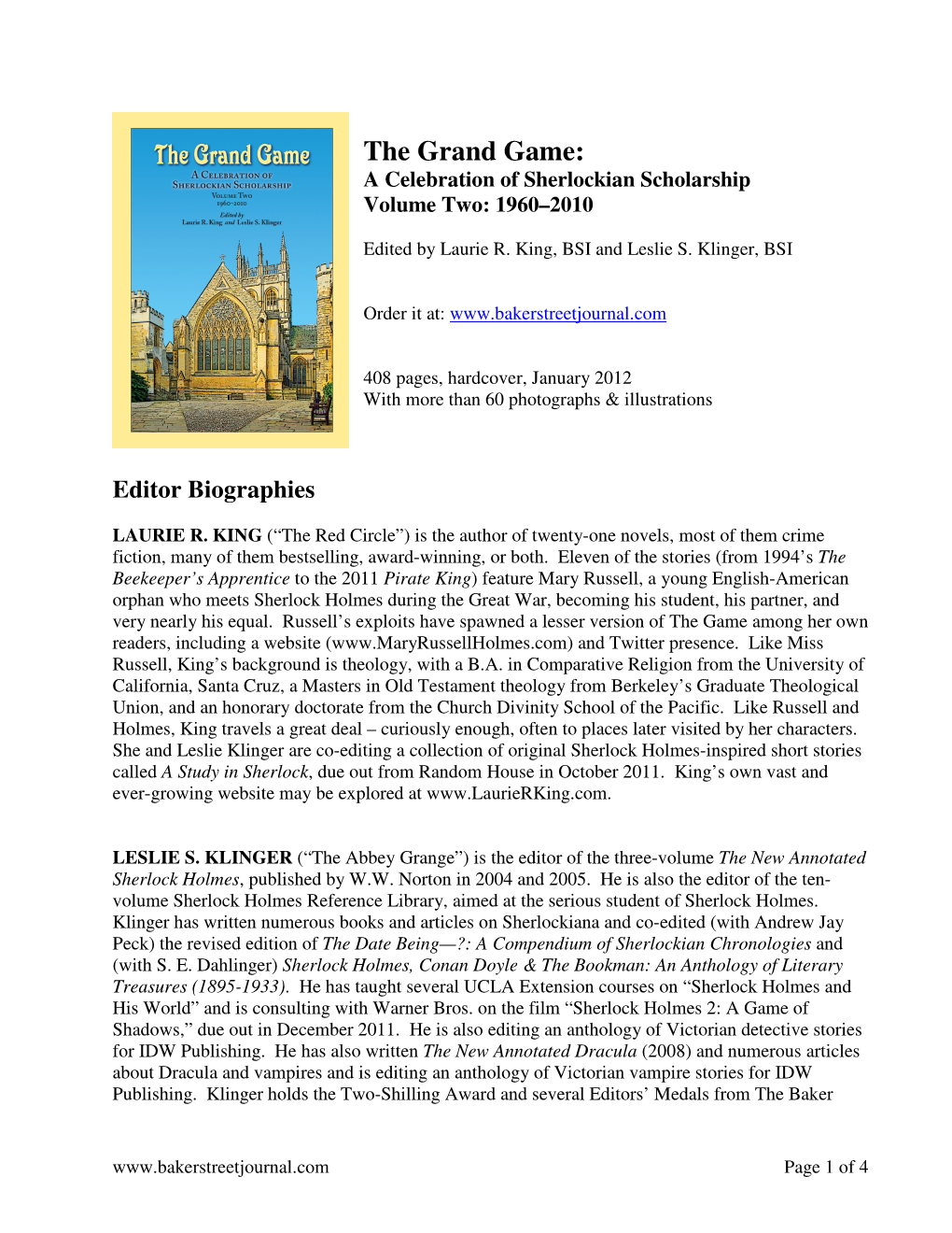 The Grand Game: a Celebration of Sherlockian Scholarship Volume Two: 1960–2010