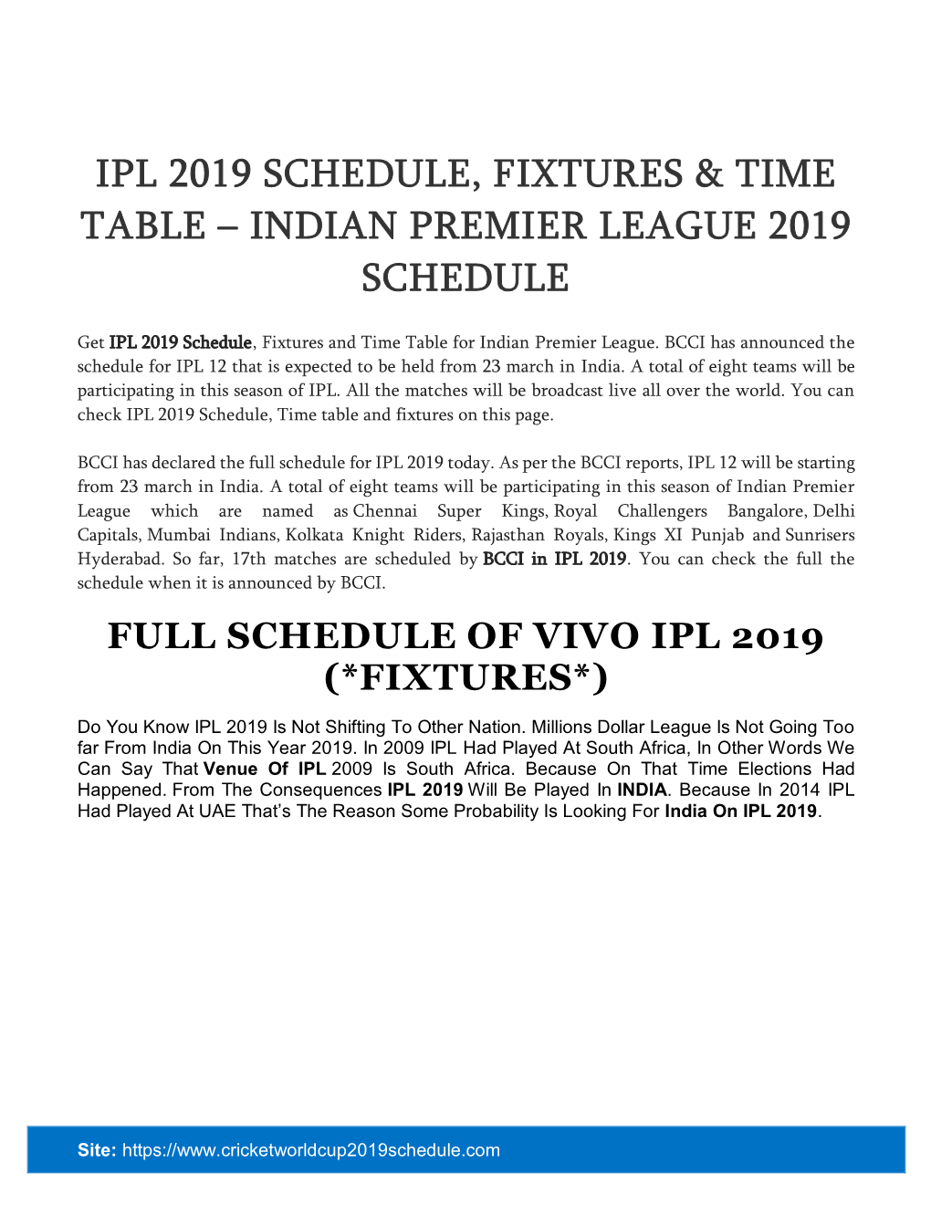 Indian Premier League 2019 Schedule