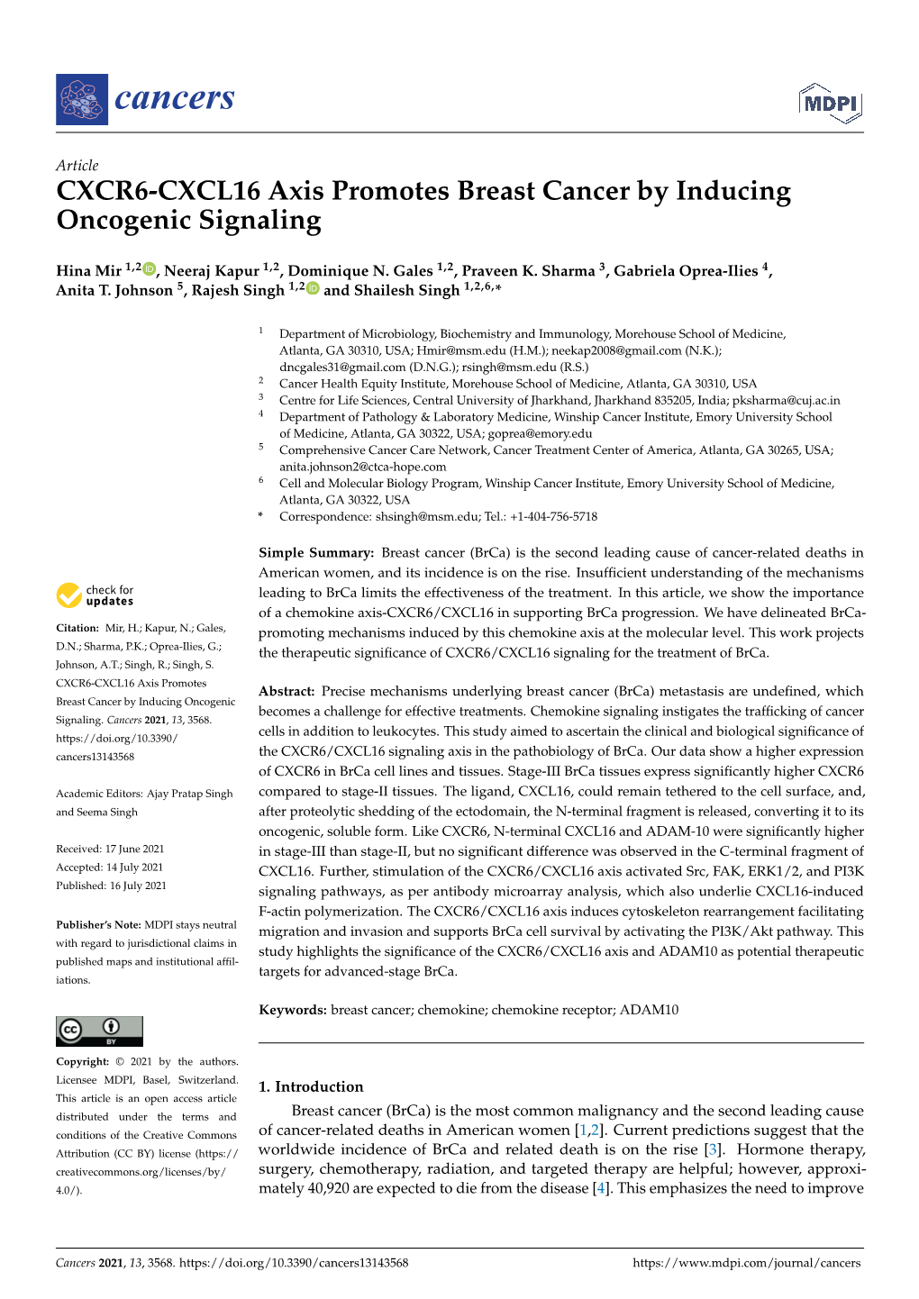 CXCR6-CXCL16 Axis Promotes Breast Cancer by Inducing Oncogenic Signaling