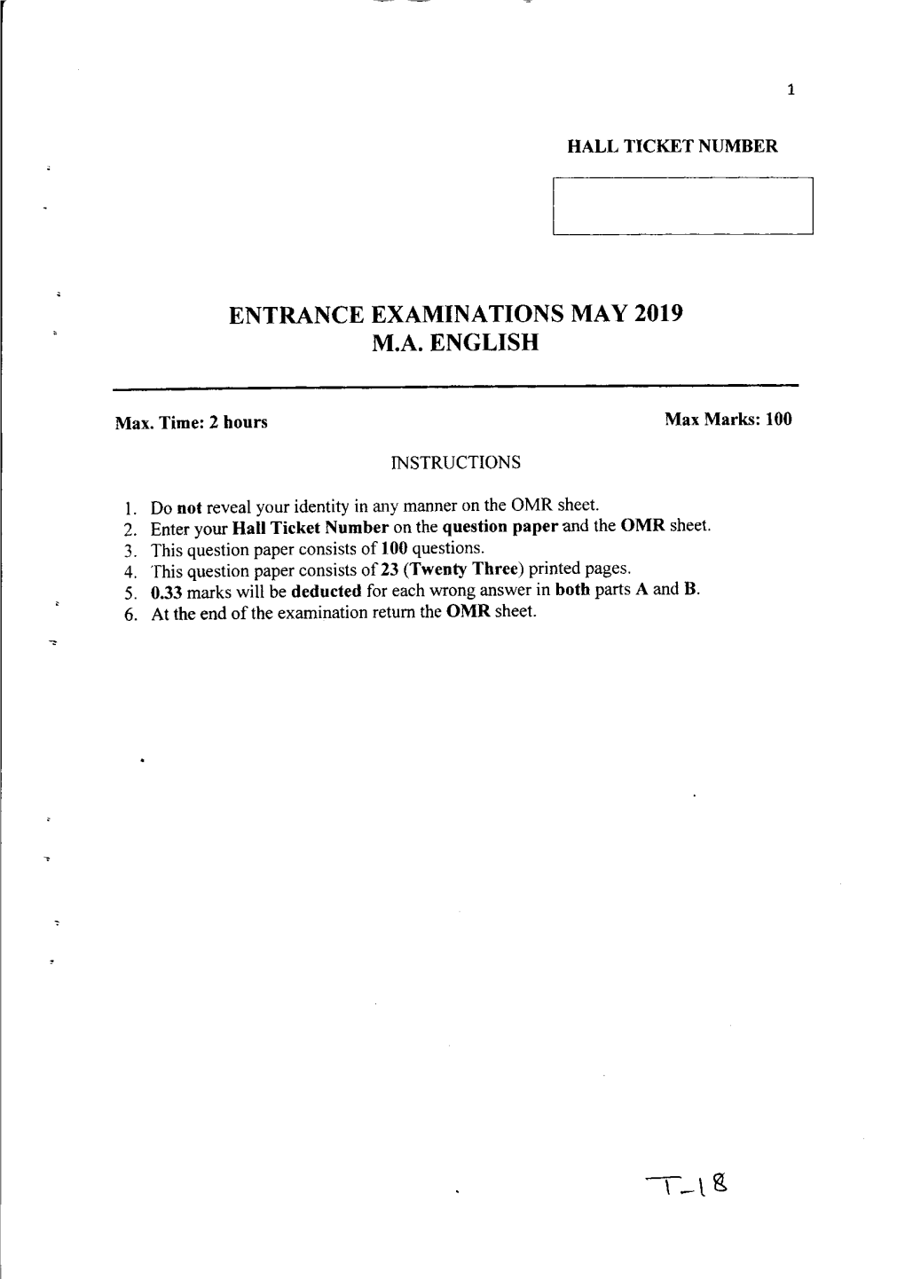 Entrance Examinations May 2019 M.A. English
