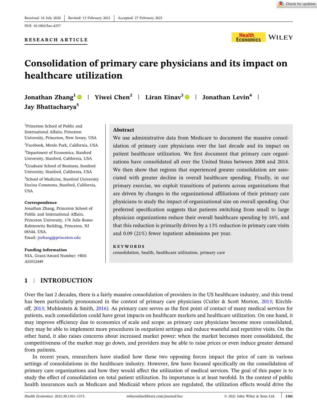 Consolidation of Primary Care Physicians and Its Impact on Healthcare Utilization