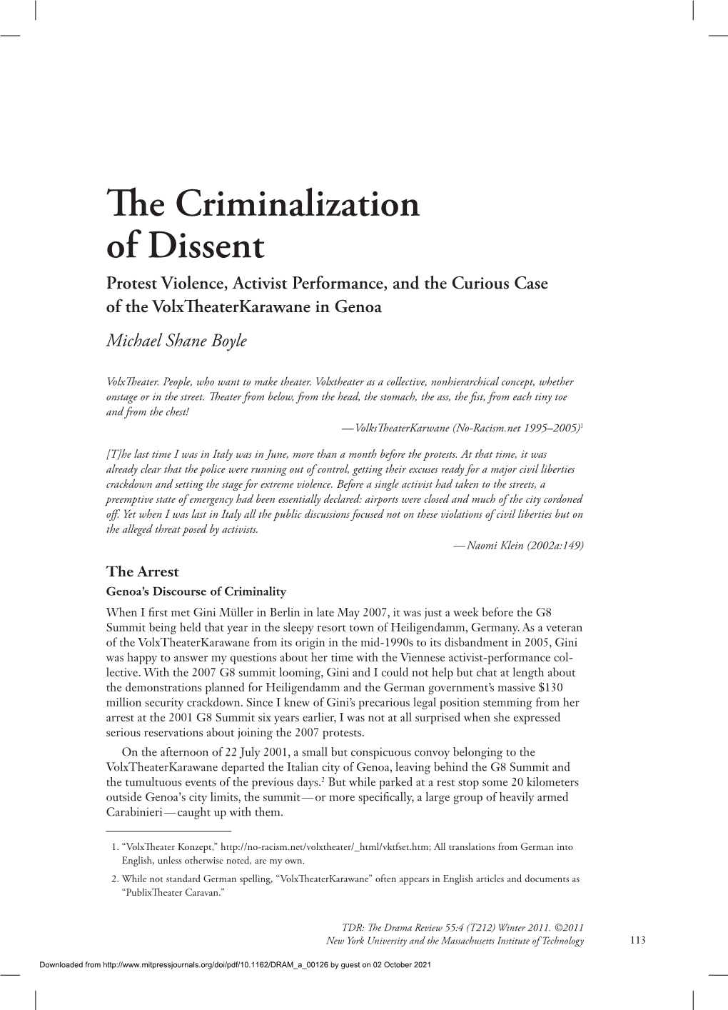 The Criminalization of Dissent Protest Violence, Activist Performance, and the Curious Case of the Volxtheaterkarawane in Genoa Michael Shane Boyle