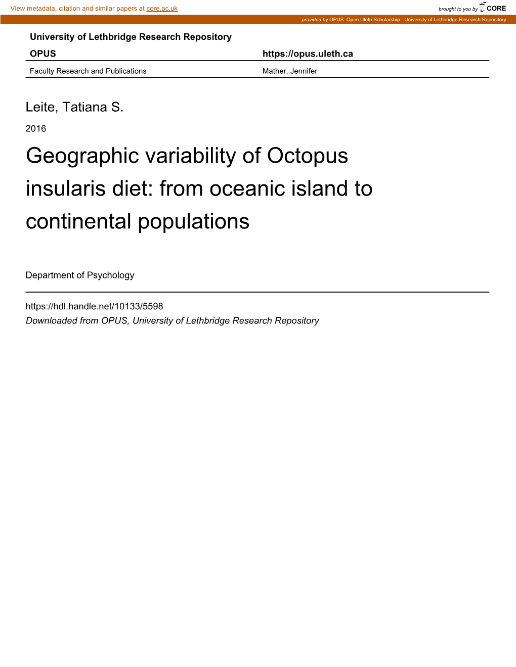 Geographic Variability of Octopus Insularis Diet: from Oceanic Island to Continental Populations