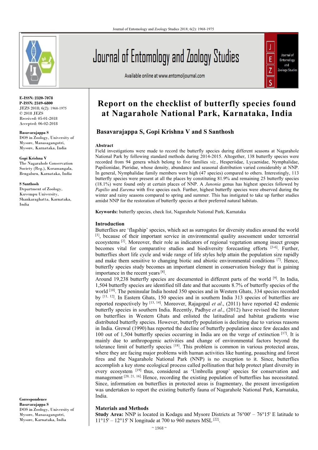 Report on the Checklist of Butterfly Species Found at Nagarahole National Park, Karnataka, India