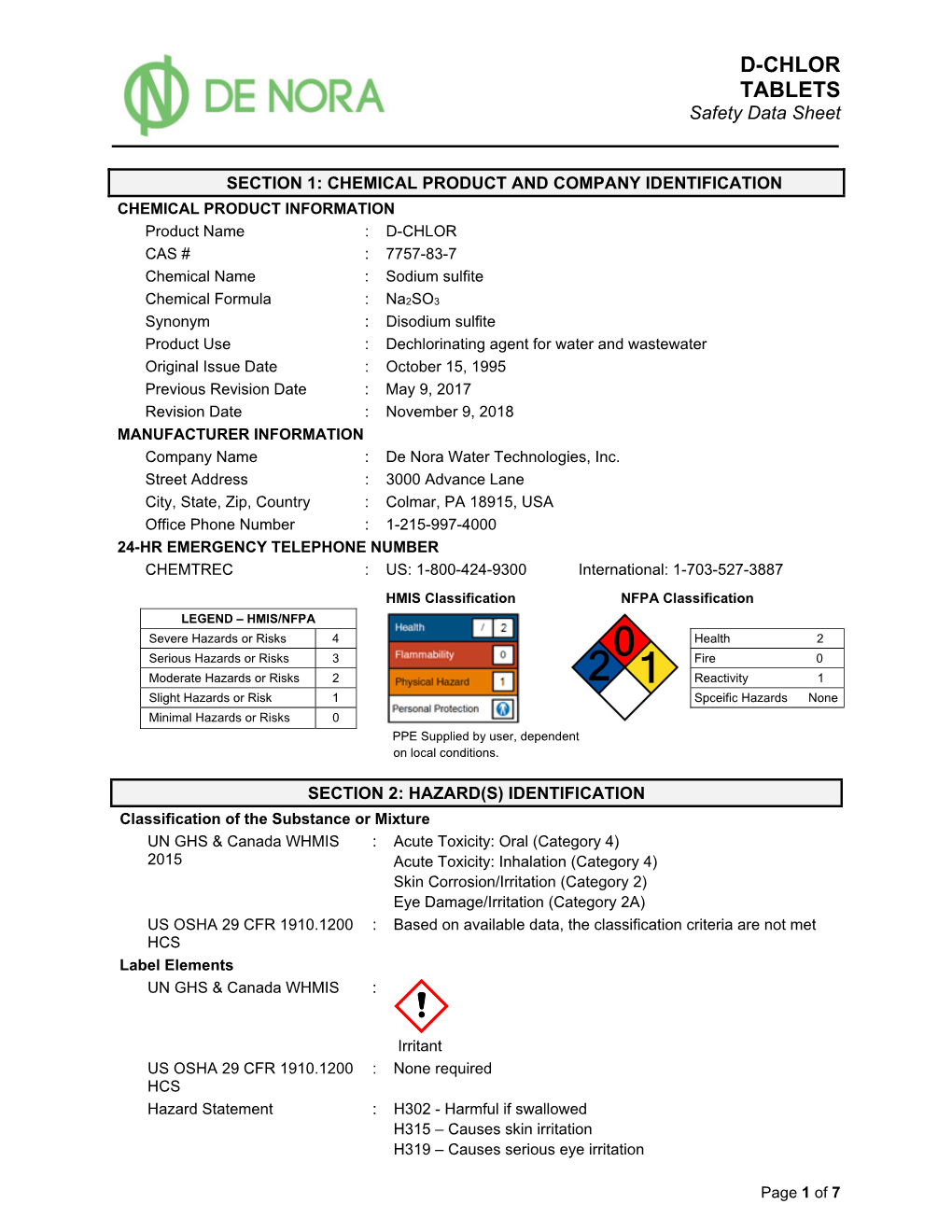 D-CHLOR TABLETS Safety Data Sheet