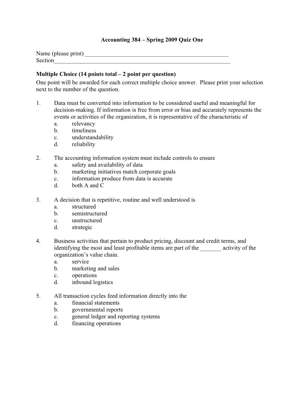 Accounting 384 Spring 2009 Quiz One