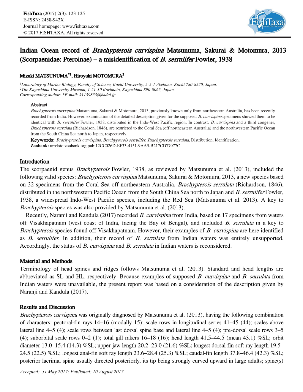 Indian Ocean Record of Brachypterois Curvispina Matsunuma, Sakurai & Motomura, 2013 (Scorpaenidae: Pteroinae) – a Misidentification of B