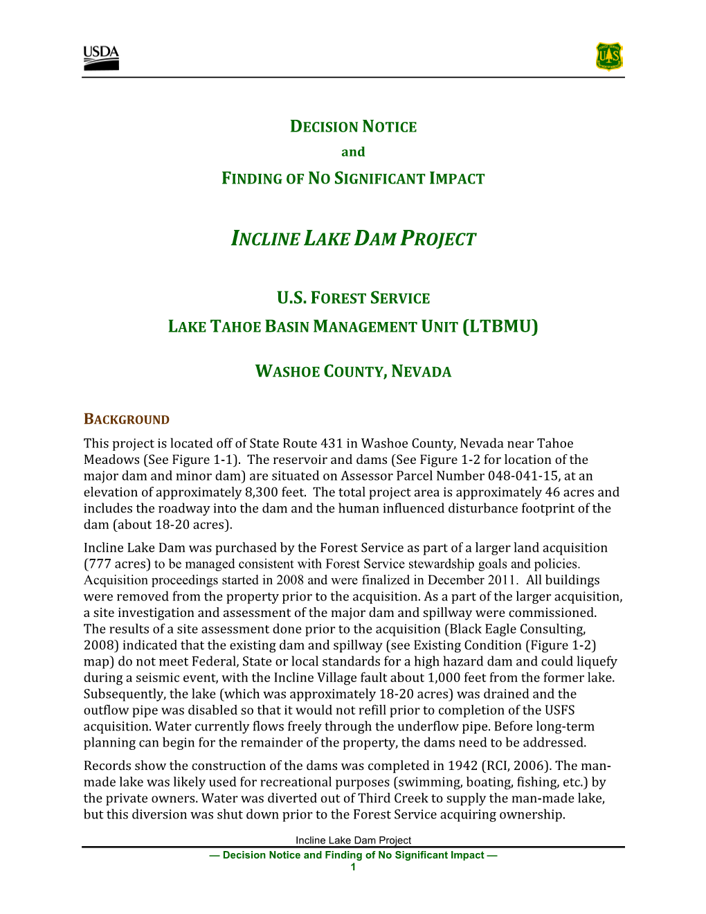 Incline Lake Dam Project Decision Notice and Finding of No Significant Impact