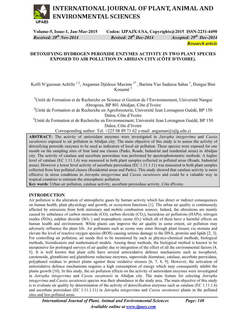 Detoxifying Hydrogen Peroxide Enzymes Activity in Two Plant Species Exposed to Air Pollution in Abidjan City (Côte D’Ivoire)