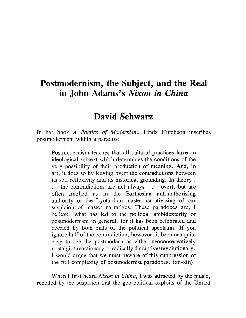 Postmodernism, the Subject, and the Real in John Adams's Nixon in China