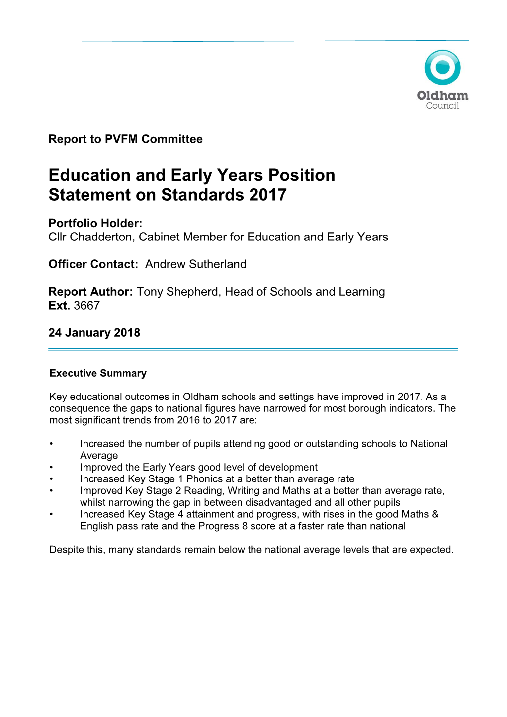 Education and Early Years Position Statement on Standards 2017