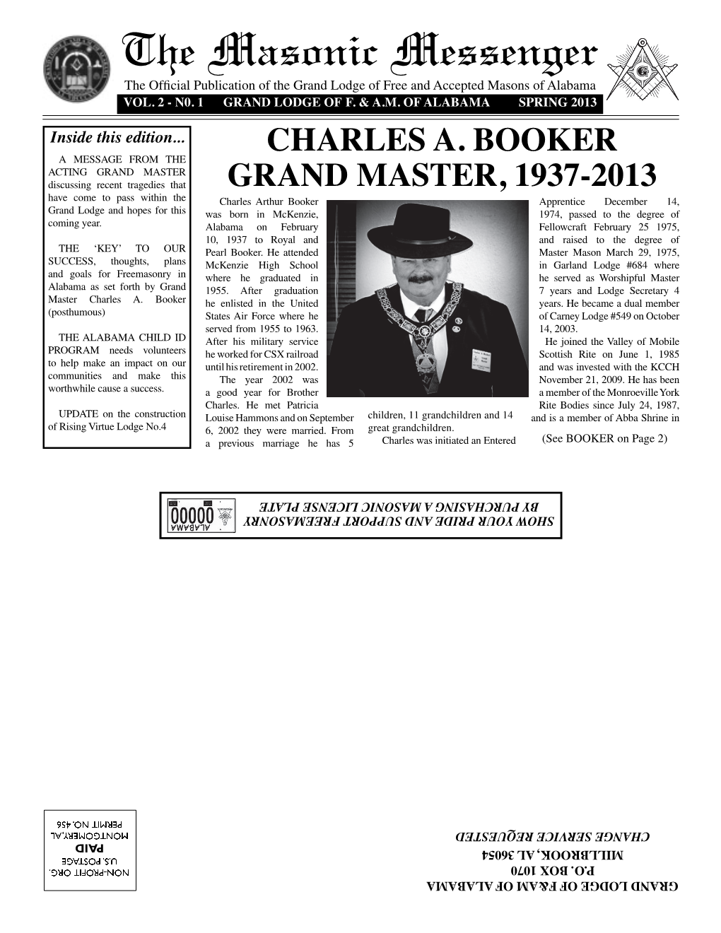 The Masonic Messenger the Official Publication of the Grand Lodge of Free and Accepted Masons of Alabama VOL