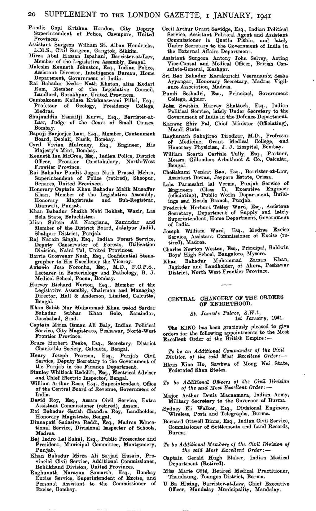 20 SUPPLEMENT to the LONDON GAZETTE, I JANUARY, 1941
