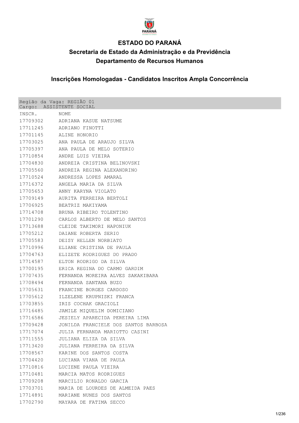 ESTADO DO PARANÁ Secretaria De Estado Da Administração E Da Previdência Departamento De Recursos Humanos